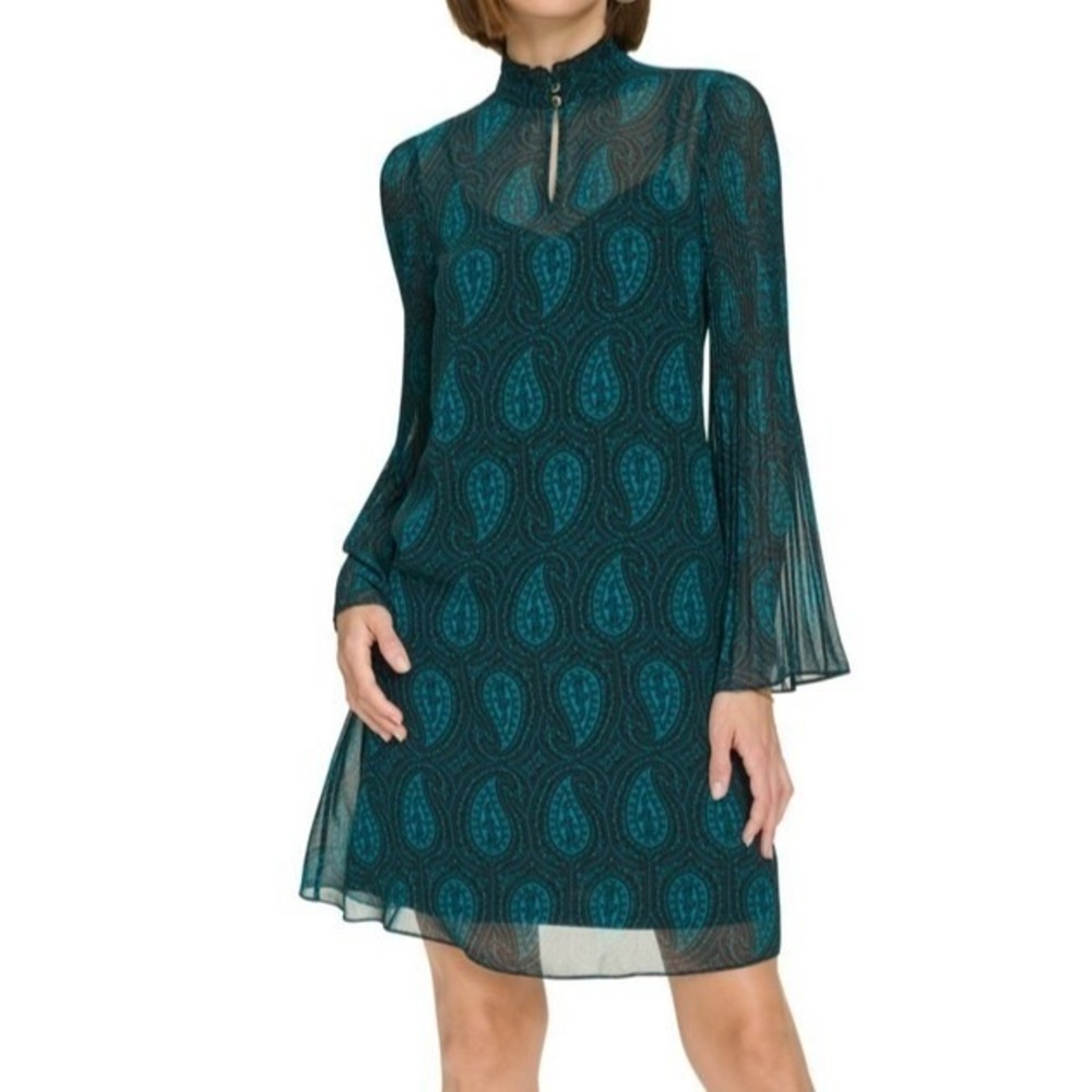 Tommy Hilfiger Ruffled Keyhole Neck Pullover Green Short Dress Womens Size 12